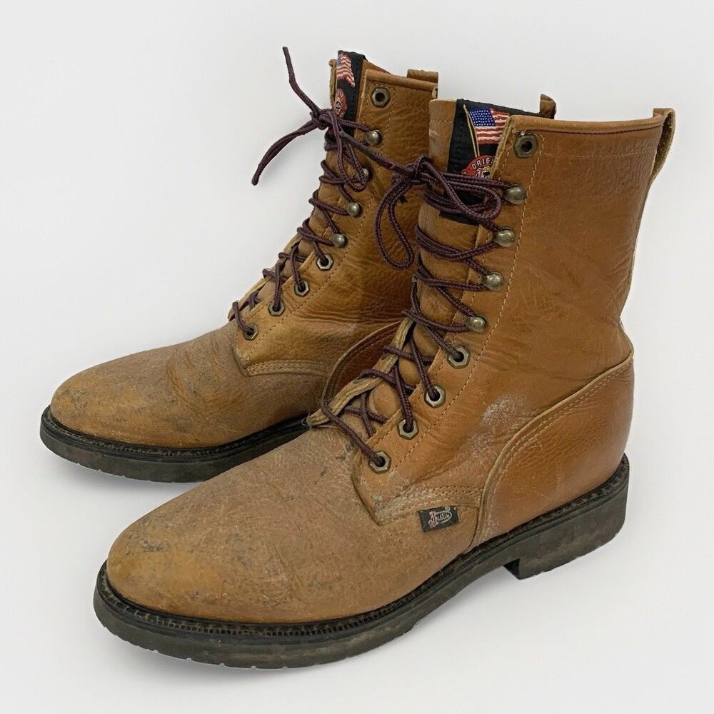 Justin Original Brown Leather 0762 Soft Toe Lace Up Work Boots Men’s Size 11 D